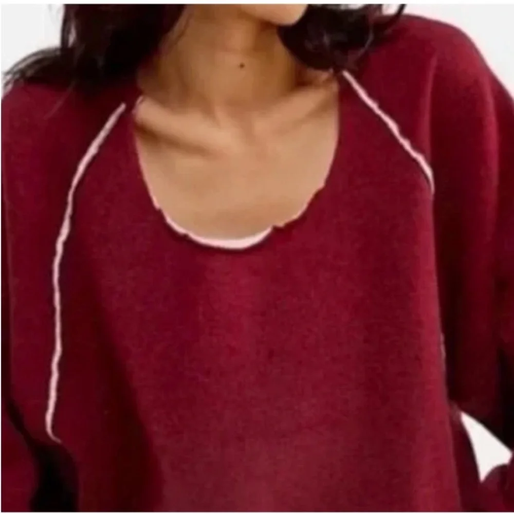 We The Free XSmall Sweatshirt Midnight Pullover in burgundy red with pink piping - Picture 5 of 10